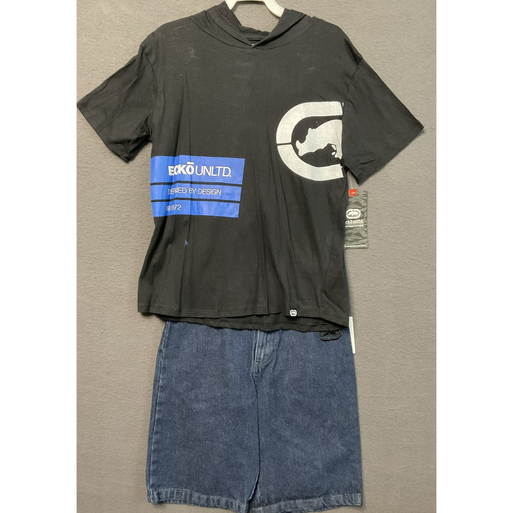 Ecko Unltd Shirt Shorts Set Boys Size 10 Denim Hooded Graphic New Outfit